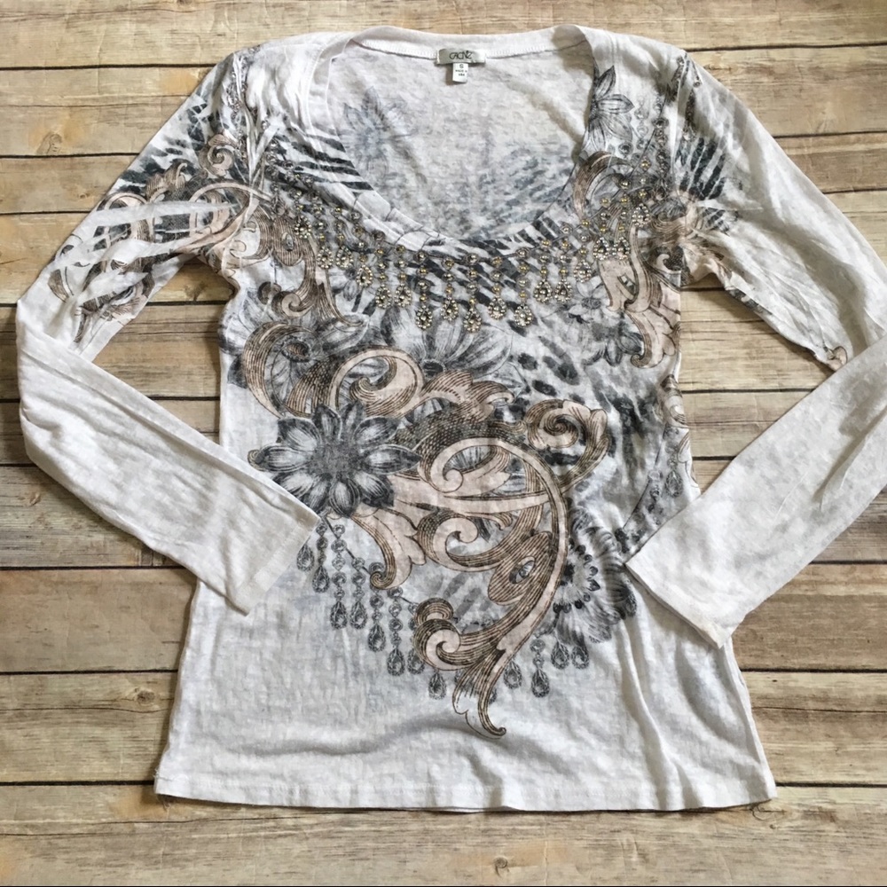 Cache beaded neckline screen print burnout tee